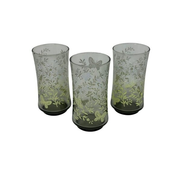 VTG Libbey Monarch Frosted Butterfly Drinking Glasses – Set of 3 Retro Tumblers - Picture 1 of 6